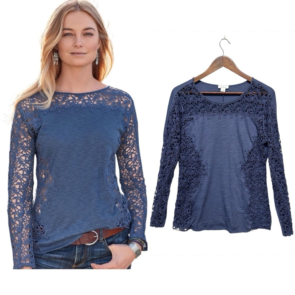 Sundance Lily's Paramour Womens Long Sleeve Crochet Top in Stormy Blue‎ Size S